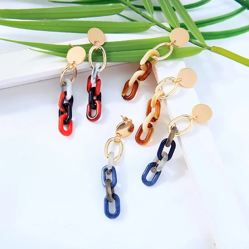 

e0112 2021 Trends Unique Gold Plated Geometric Simple Fashion Statement Jewelry Acrylic Cuban Link Chain Earrings Long For Women