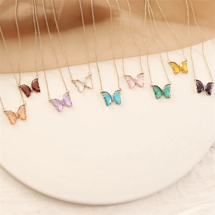 

European And Beautiful Women Creative Wild Clavicle Chain Personality Multi-Color Glass Butterfly Necklace, As shown
