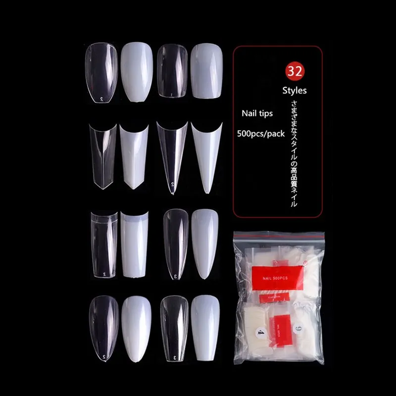 

500pcs Natural Clear False Acrylic Nail Tips Full/Half Cover Tips various French Sharp Coffin Ballerina Nails Manicure Tools