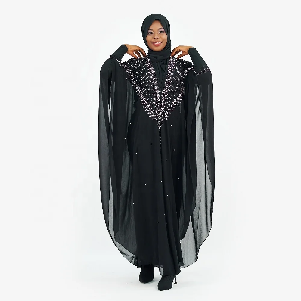 

2021 Muslim women Dubai open Abayas dress kimono African plus size chiffon hooded dress, Black