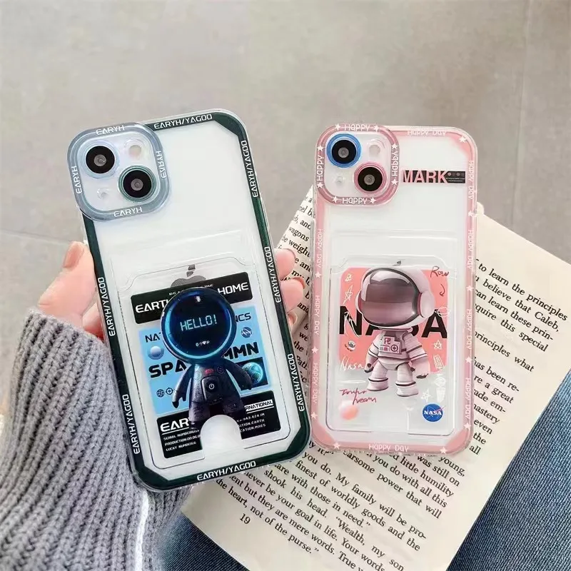 

Cute Cartoon Astronaut Card Holder Holder Phone cover for iPhone 12 13max Shockproof TPU Soft Case for 11Promax xs xr