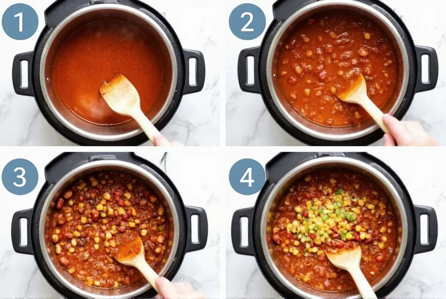 Step-by-step preparation of instant pot vegetarian chili with colorful vegetables and beans in stainless steel pot