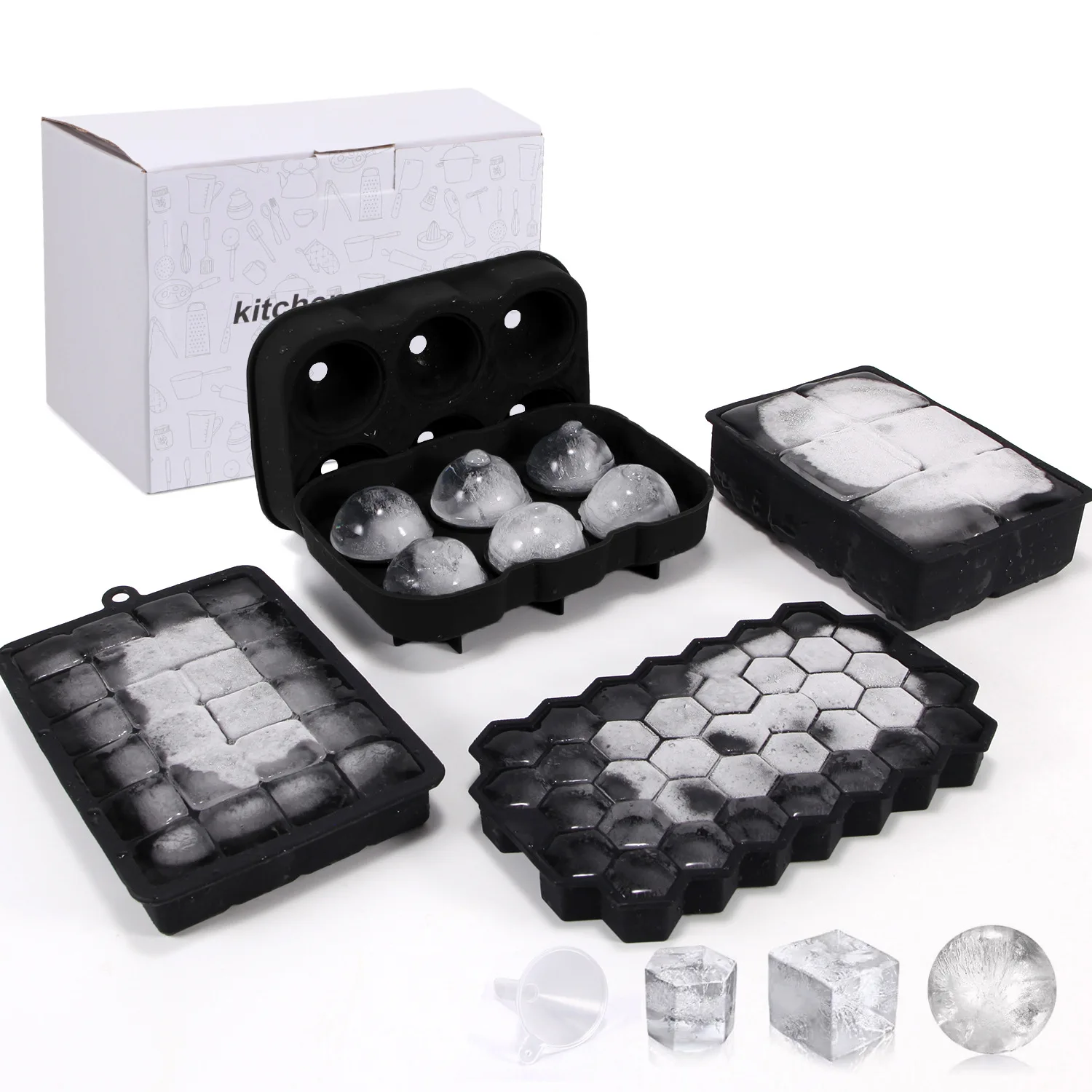 

Round Bpa Free Ice Making Spheres Mold Ice Cube Maker Tray Silicone Ice Ball Square Hexagon Mold Set For Whiskey, Black