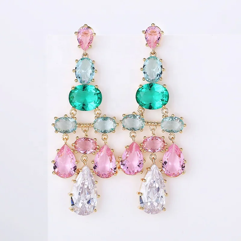 

Luxury Jewelry AAA Cubic Zircon Crystal Multi Color Geometry Shape Drop Earrings for Women, Multicolor