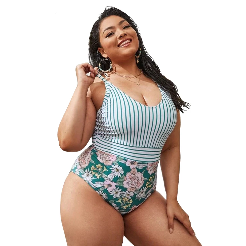 

2022 New Design DAMO Plus Size Sexy Ladies Tankini Strip Flowers Printed Swimsuits Back Hollow Out Recycled Nylon Swimwear