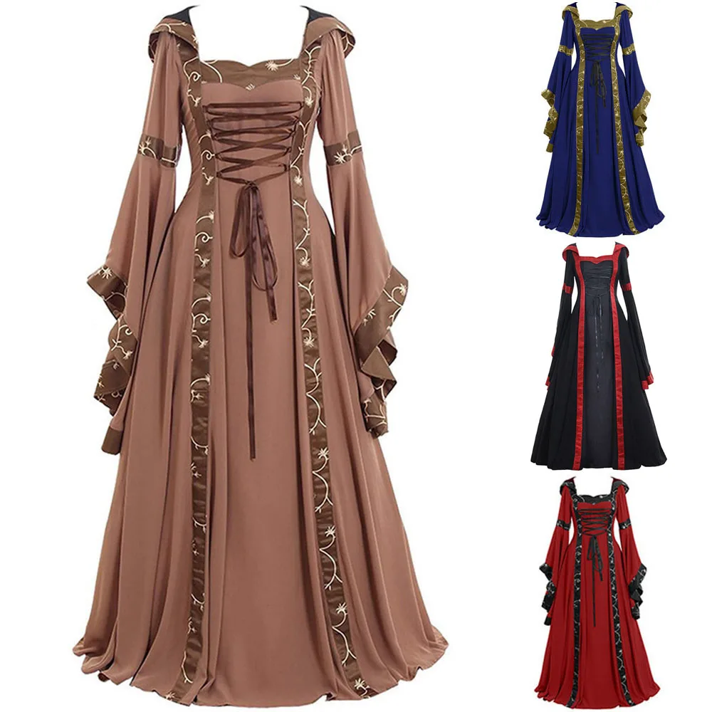 

women New Medieval dress costume Renaissance Gothic Cosplay Hooded Long Dress Women Retro Steampunk Fancy Clothes Halloween 5XL, As show