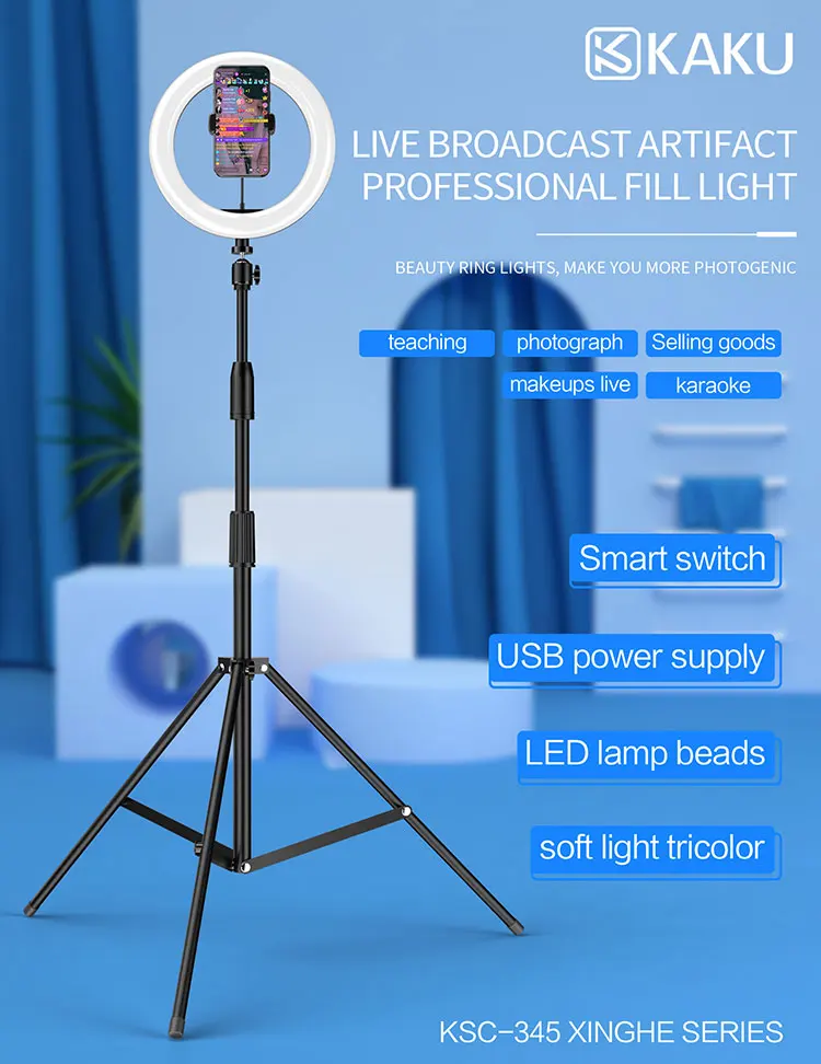 360 adjustable professional  led ring light retractable mobile phone stands with tripod stand for live telecast