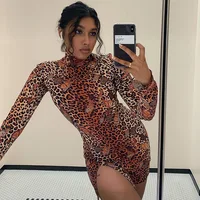 

R10313S Women's autumn new sexy turtleneck pullover print mid-waist dress