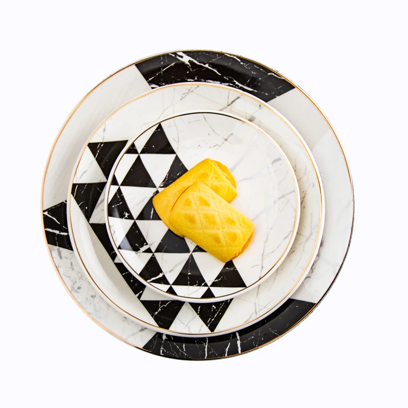 

ceramic dinner plate sets Geometrical marble style restaurants hotels round ceramic plates tableware sets plate and cup set, Black and white