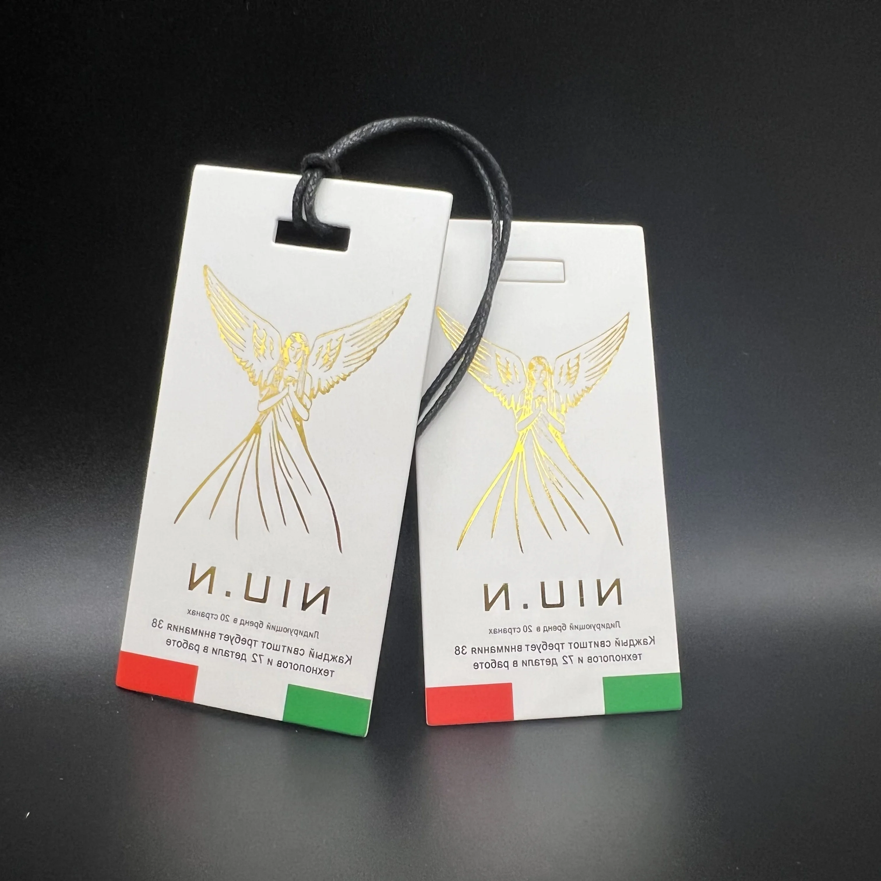 Gold Stamping Custom Paper Printed Swing Tags Clothes Label Name Logo Hang Hanging Tag With String for Garment Own Brand Logo