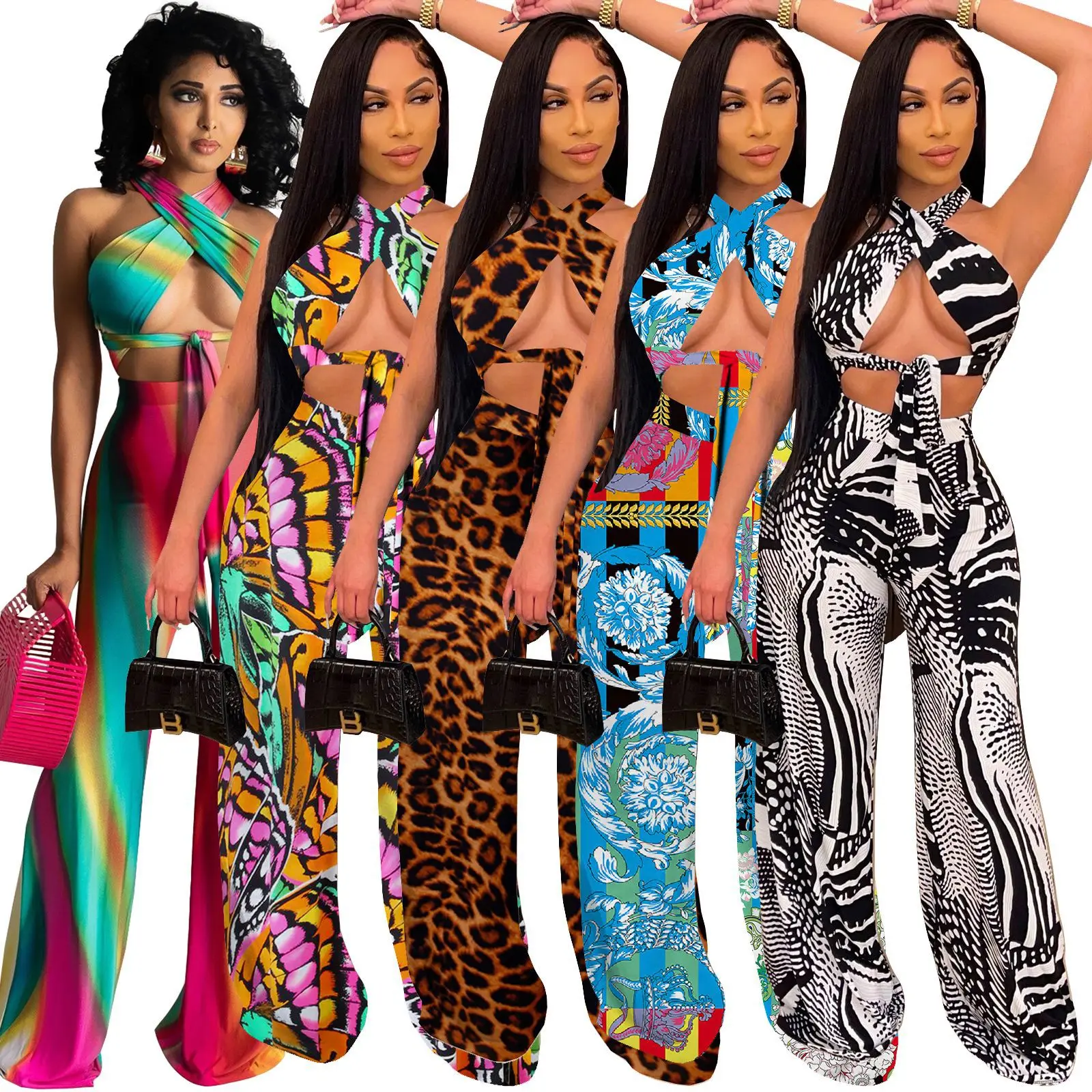 

New fashion printed backless 2 piece wide leg halter women jumpsuit, 5 colors