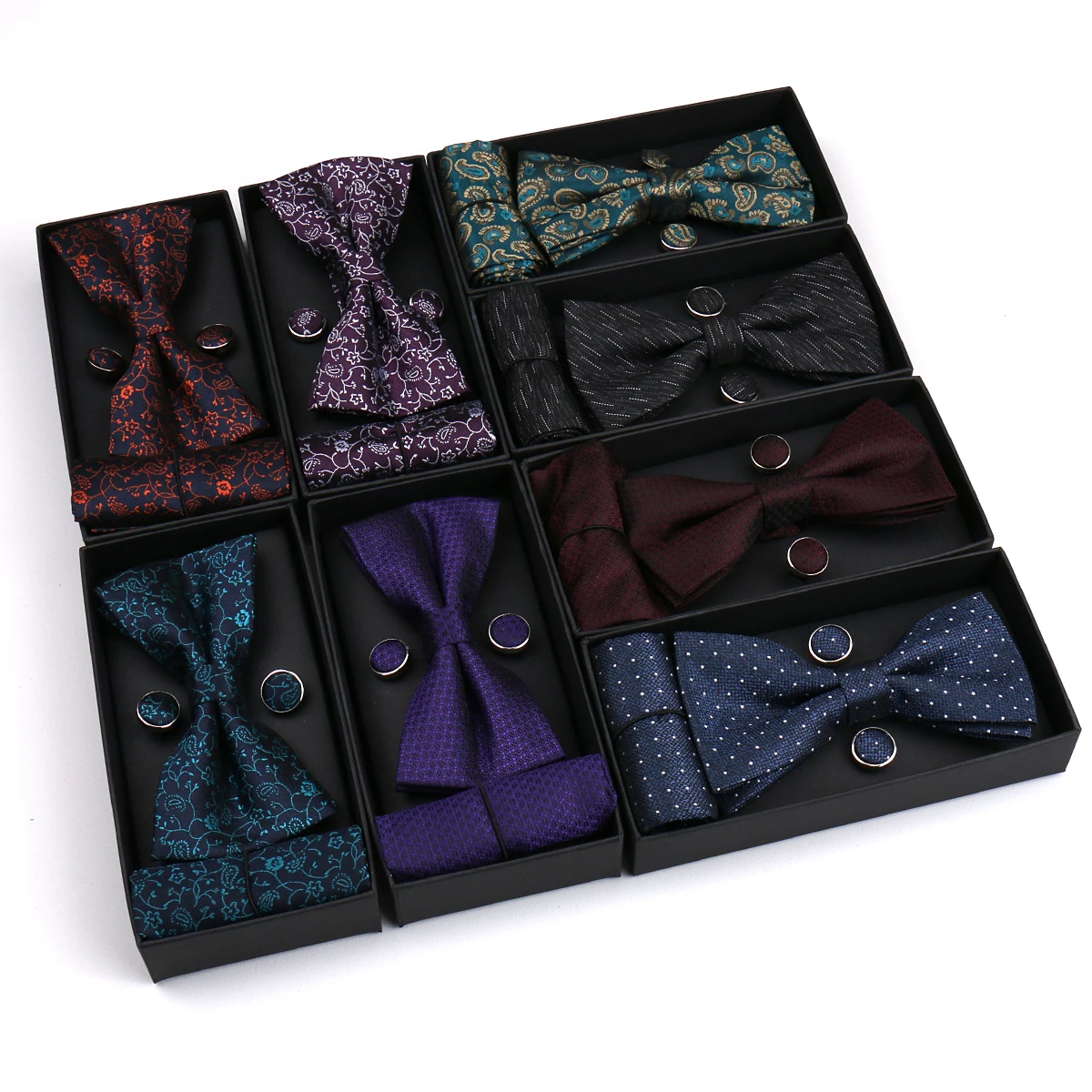 Popular Silk Bow Tie Set Men Wedding Bowtie and Pocket Square Cufflink Box Gift for Father