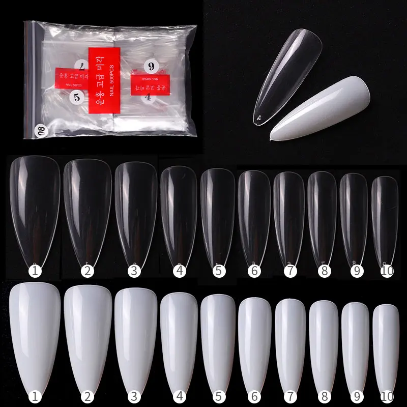 

500Pcs Long Almond Stiletto False Nails Tips Full Cover Professional Nail Art Tip DIY Salon Tools Manicure 10 Size
