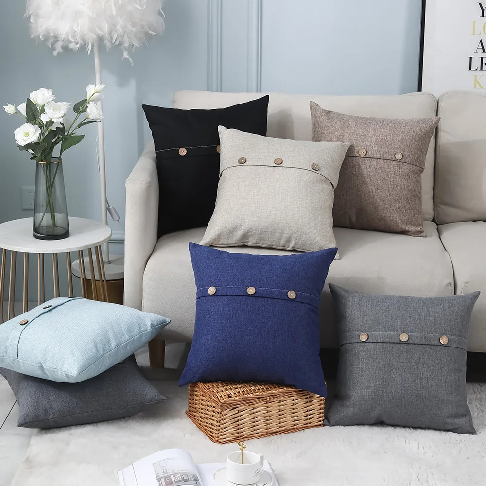 

Decorative Linen Throw Pillow Covers Cushion Case Triple Button Vintage Farmhouse Pillowcase for Couch Sofa Bed 18 x 18 Inch