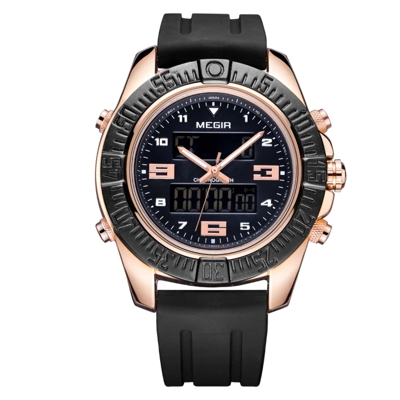 

MEGIR 2038 Men Quartz & Digital Watches rubber band dual time Chronograph character outdoor wristwatch