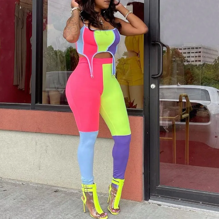 

FS4064D Women Set Patchwork Sleeveless Strap Crop Tops and Pants Two Piece Sets Active Tracksuit Summer contrast color Outfits