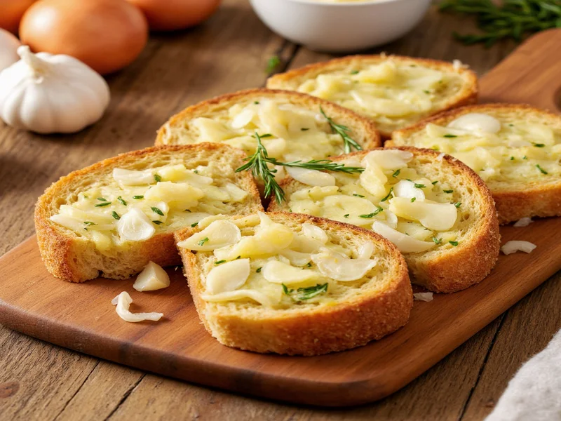 Homemade garlic toast on wooden cutting board with fresh herbs