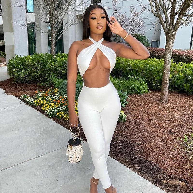 

2021 new arrive summer women's jumpsuit sexy halter solid color high waist tight-fit rompers jumpsuit