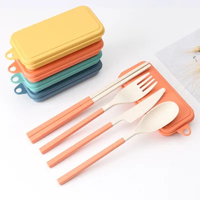 

Personalized Reusable Utensils Travel Camping Dinnerware Set Folding Wheat Straw Cutlery Portable Flatware Sets With Box, Orange,yellow,blue,pink,beige