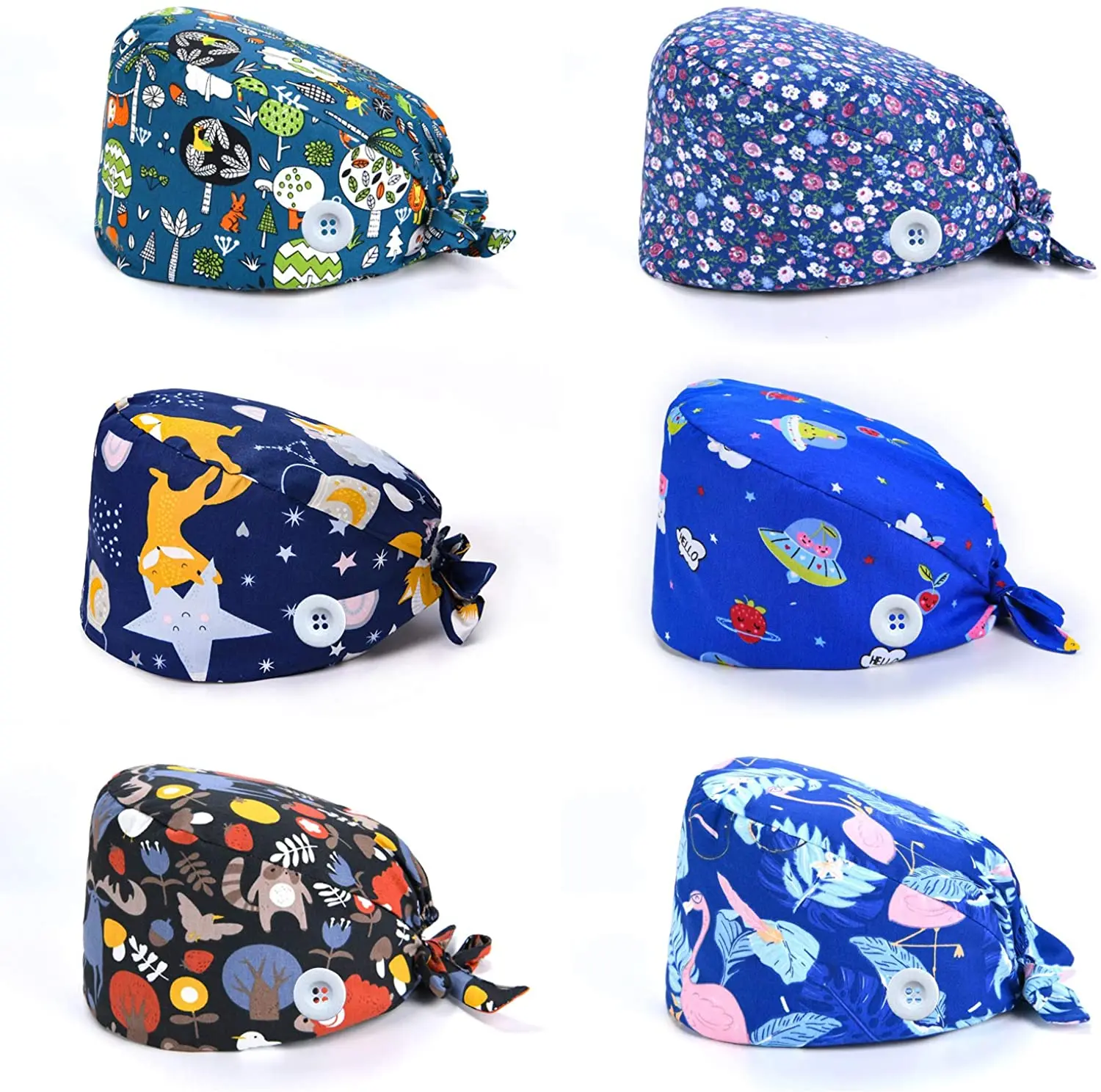 

Women and Men Practical Nurse Working Cotton Sweatband bouffant Printed Scrub Hat with Button