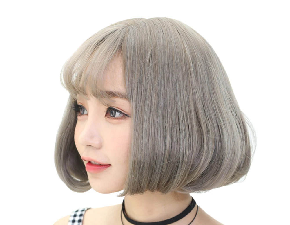 

Short Bob Hair Korean with Bangs Pink Brown 12 INCH Harajuku Princess Lolita Sweet High Temperature Silk Cosplay Party COS Wig, Pic showed