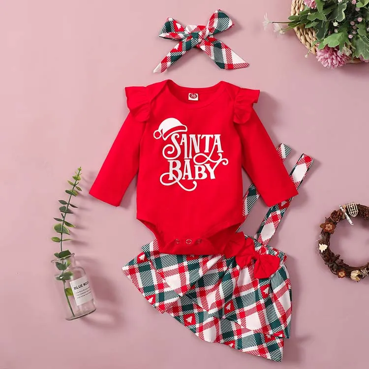 

Newborn Baby Girl Romper Suspender Skirt Headband Overall Print 3pcs Baby Christmas Clothes Set