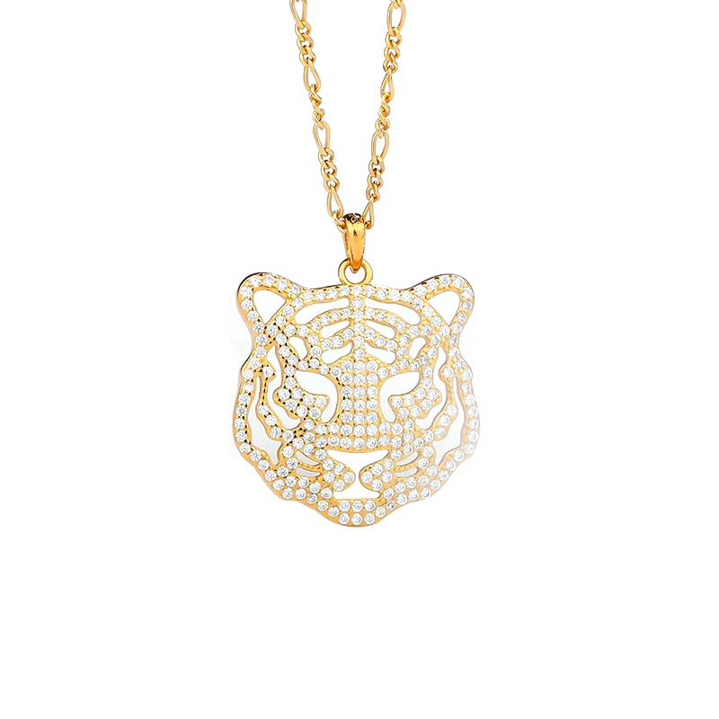 

Hiphop big Charm Necklace 925 Silver 18K Gold Micro Pave Zircon Dainty Animal Tiger Pendant Necklace