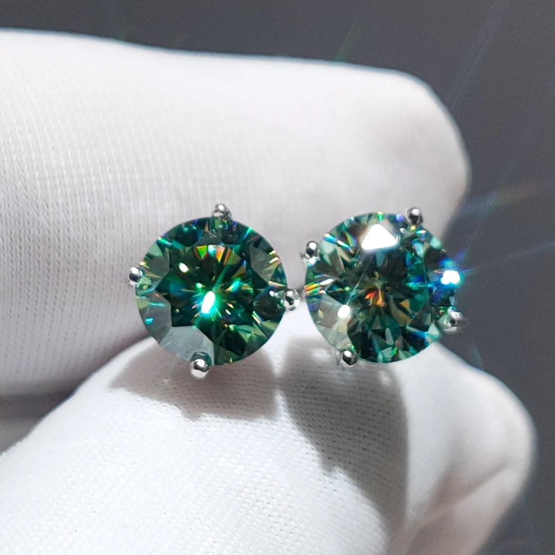 

Silver 925 Original Round Brilliant Cut Diamond Test Past Total 2 Carat Blue&Green Moissanite Stud Earrings Gemstone Jewelry