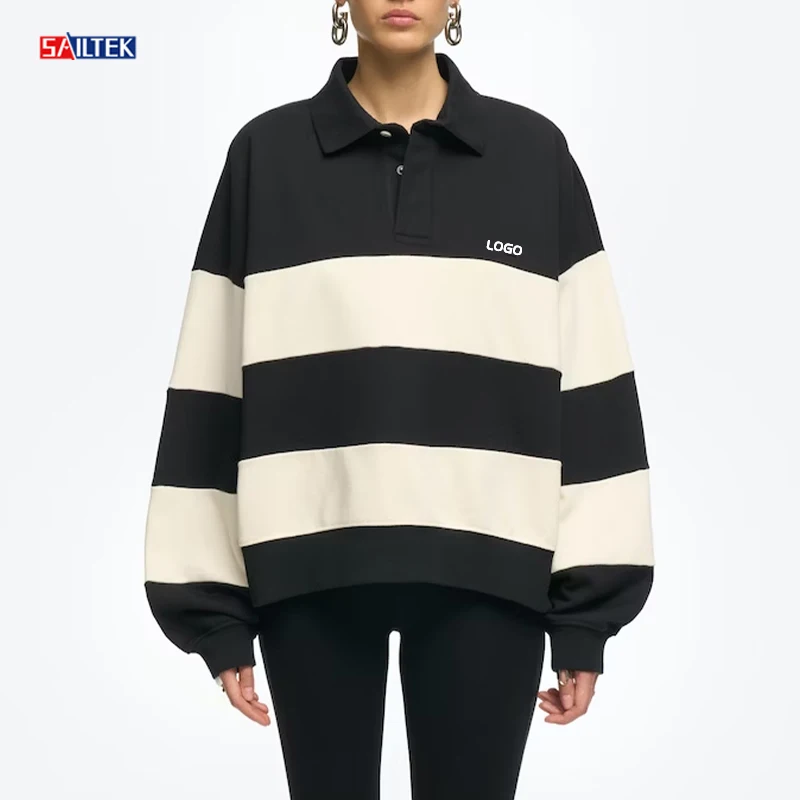 

2024 New arrival women clothing 280 gsm polo hoodie women custom fashion design pullover striped hoodies