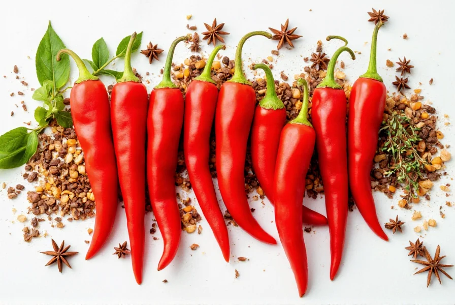 Caribbean red peppers arranged with traditional island ingredients like allspice, thyme, and tropical fruits