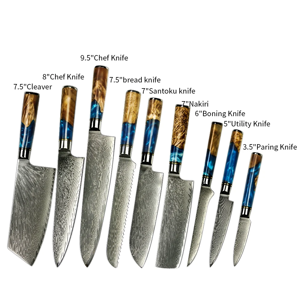 

9 pcs 67 layers AUS 10 Steel Core Damascus knife knives set with Blue resin with burl wood handle