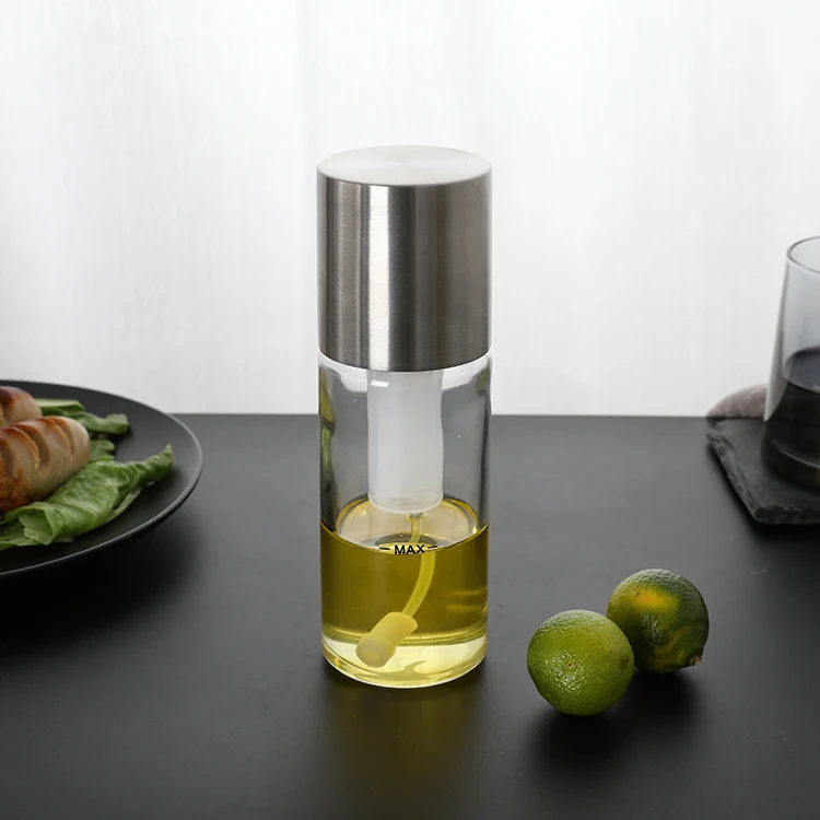 

BBQ olive mist oil spray bottle stainless steel spray bottles oil dispensing with 70ml glass jar, Silver