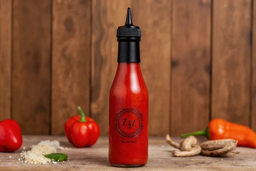 Close-up photography of Pepper ZZZ Sauce bottle showing vibrant red color against wooden kitchen background with ingredients visible