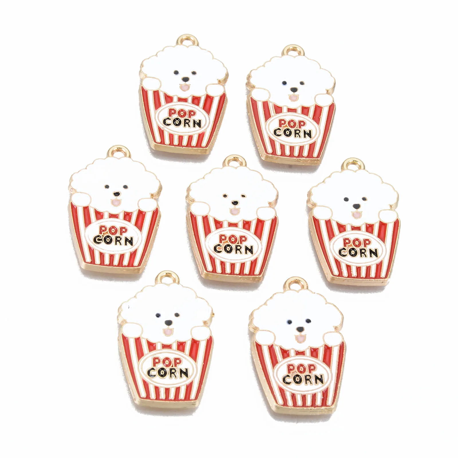 

PandaHall Popcorn with White Dog Light Gold Red Alloy Enamel Pendants