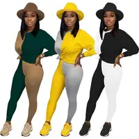 

1019M430 casual contrast color long sleeve top and pant Woman Suit Two Piece Outfits Set womens 2 piece outfit