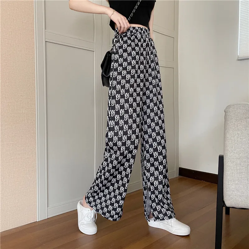 

Wide-leg pants women's high-waisted thin drape casual pants spring and autumn Korean letters loose split straight pants trousers