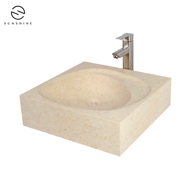 OEM Factory Supplier Beige Cream Marble Wash Hand Basin Lavabo Small Size Bathroom Vanity Marble Washbasin