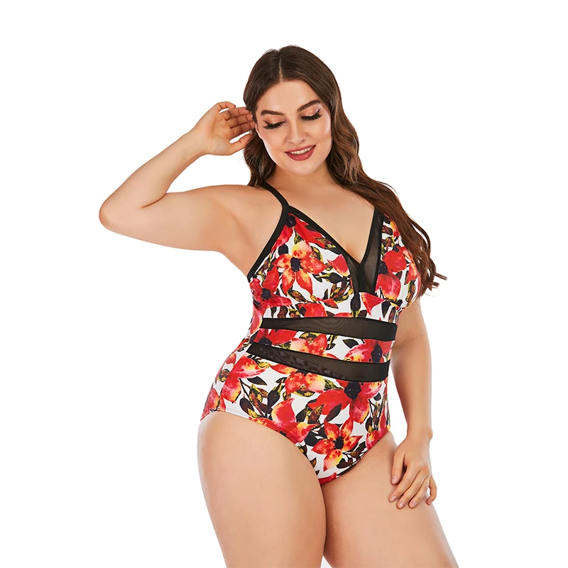 

Drop Shipping Plus Size One Piece Swimsuit Hollow Out Mesh Women Recycled Nylon Swimwear Floral Tankini Suit
