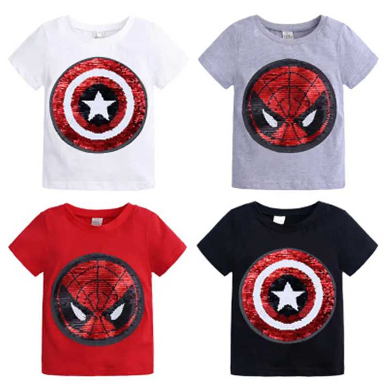

Children's New Summer 2022 Sequin Turn Over Color Changing Face Cartoon Cotton T-shirt