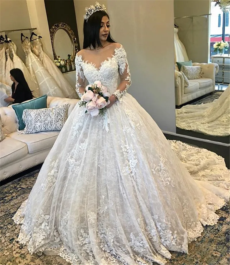 

FA245 Long Sleeves Princess Wedding Dress Lace Appliques Sheer O-Neck Corset Back Bride Dress Bridal Gowns Robe de Mariage, Default or custom