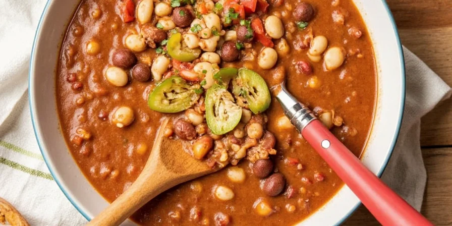 Rich harissa chili with a swirl of coconut milk.