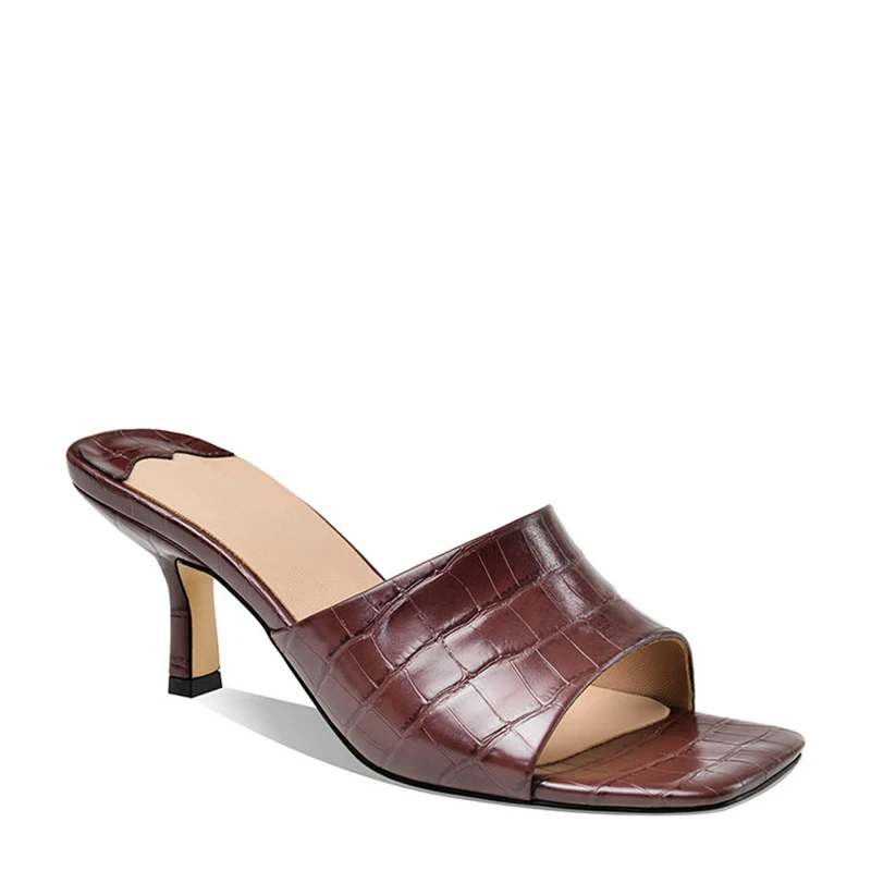 

WETKISS Wholesale Women Shoes Square Toe Outdoor Slippers Summer High Heel Slides Crocodile Mules Shoes for Women, Black, white, brown