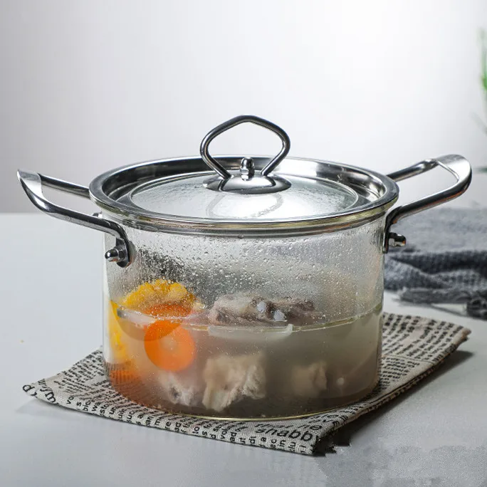 

new design borosilicate clear glass cooking pot cookware set with wooden handles, Transparent