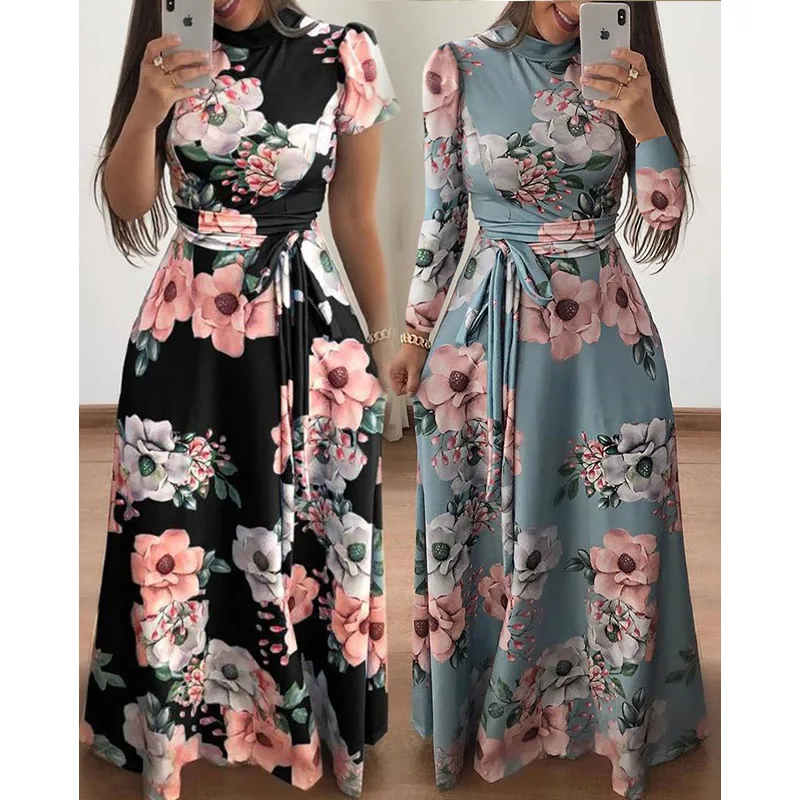 

Europe and the United States 2021 autumn and summer casual print tie dress long skirt