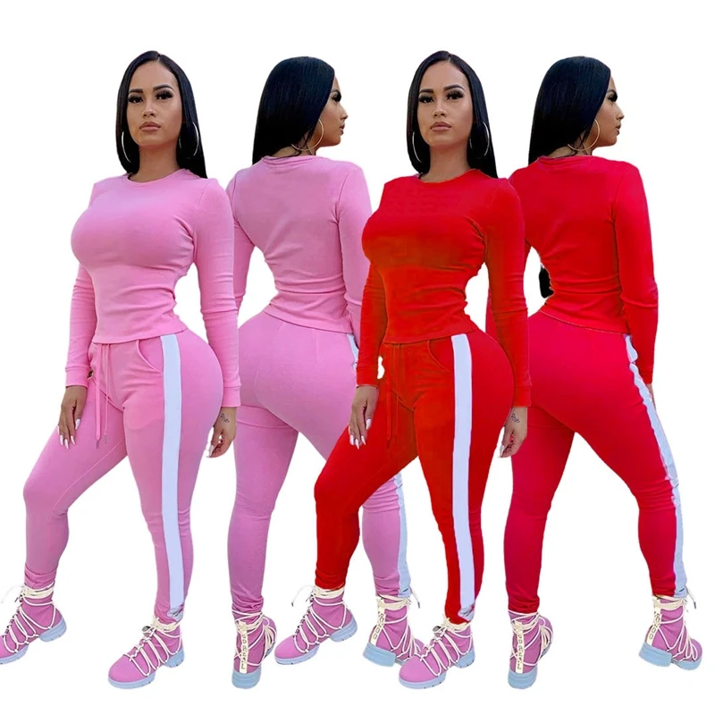 

Women 2 Pcs Tracksuit Sets Patchwork O Neck Long Sleeve Top + High Waist Stripe Trim Long Pant Casual Sporty Outfits Female, Picture color