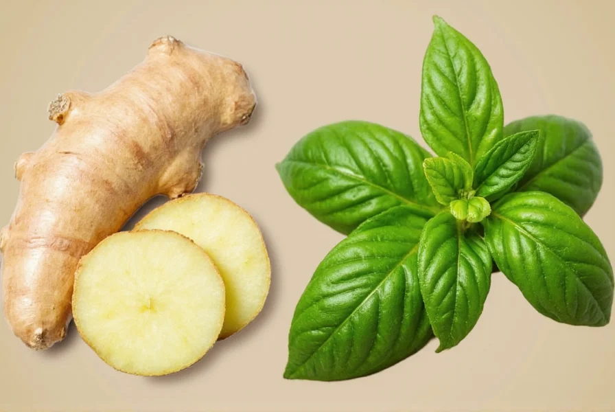 Bowl of golden yellow ginger and basil tea with fresh leaves floating on surface