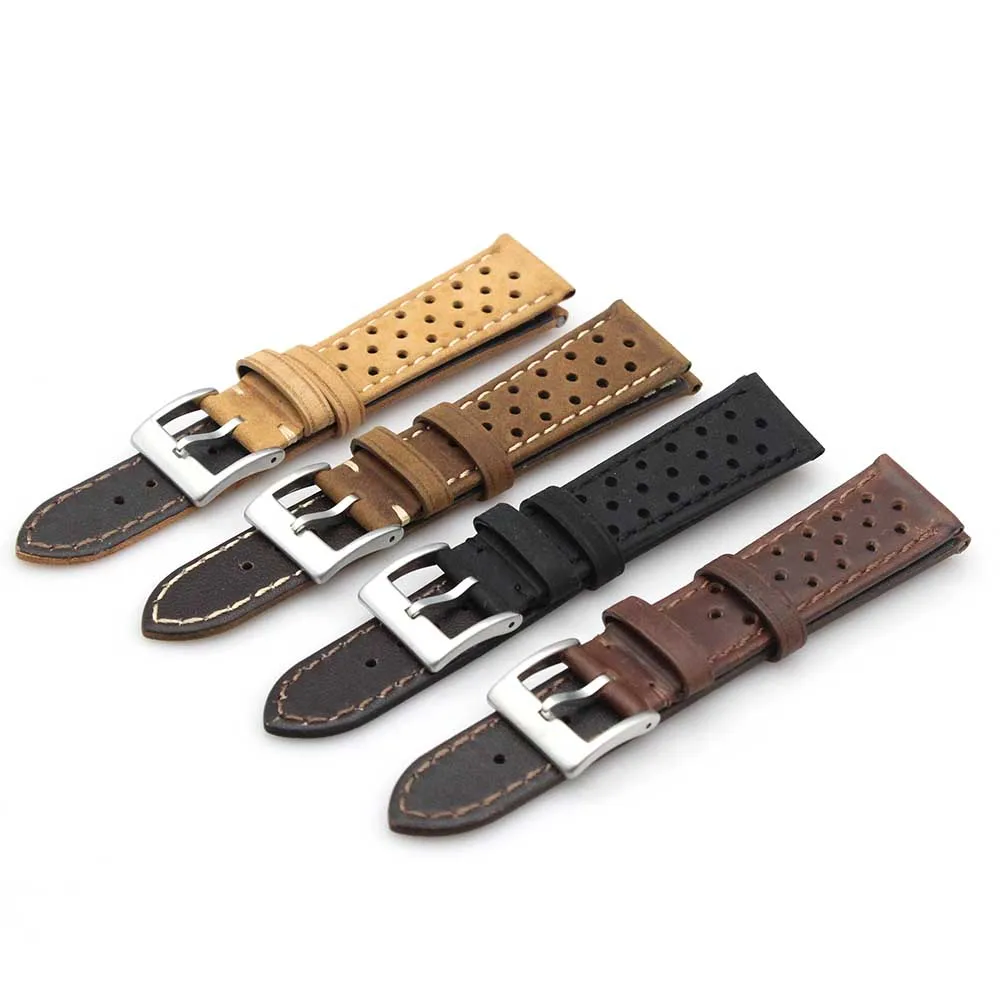 Hotsale Leather Rally Straps Two Pieces Top Grain Watch Band Porous Oil Waxed Watch Strap 18/20/22/24mm Leather Watch Bands