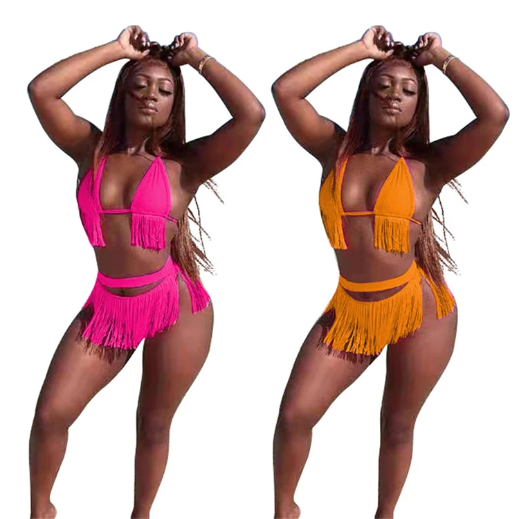 

DUODUOCOLOR New style fashion trend sandbeach solid color tassels bikini two piece sets summer sexy swimwear D10050