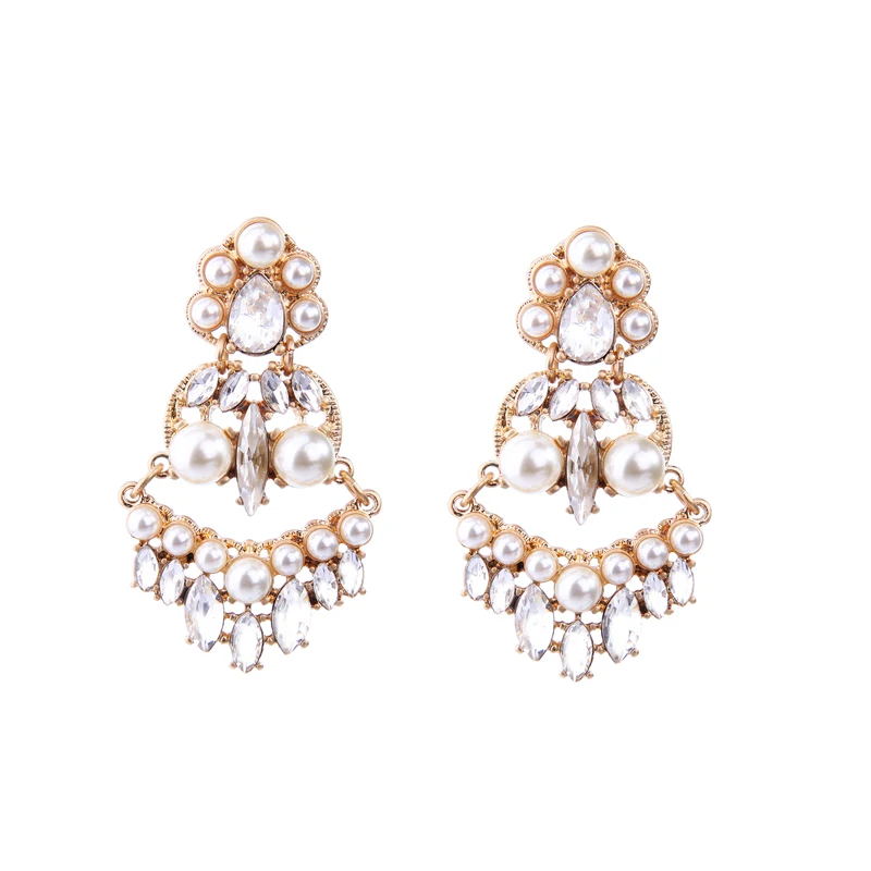 

ed01278b Wedding And Bridal Gold Plated Indian Pearl Rhinestone Crystal Women Fashion Dangling Statement Earrings 2020