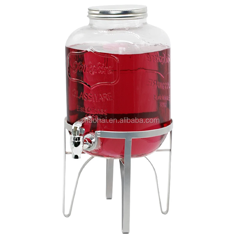 

2 Gallon 8L glass beverages dispenser with tap with metal stainless stand, Photo